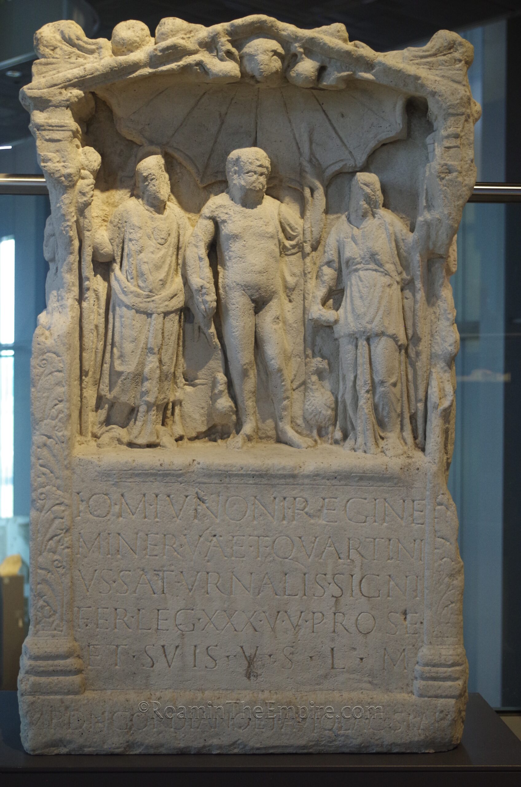 Altar dedicated to Jupiter, Juno, and Minerva by Titus Quartinus Saturnalis, signifer (standard bearer) of Legio XXX Ulpia Victrix on the kalends of July in the consulship of Gordianus and Aviola (239 CE). From the area of Castra Vetera II. LVR-RömerMuseum.