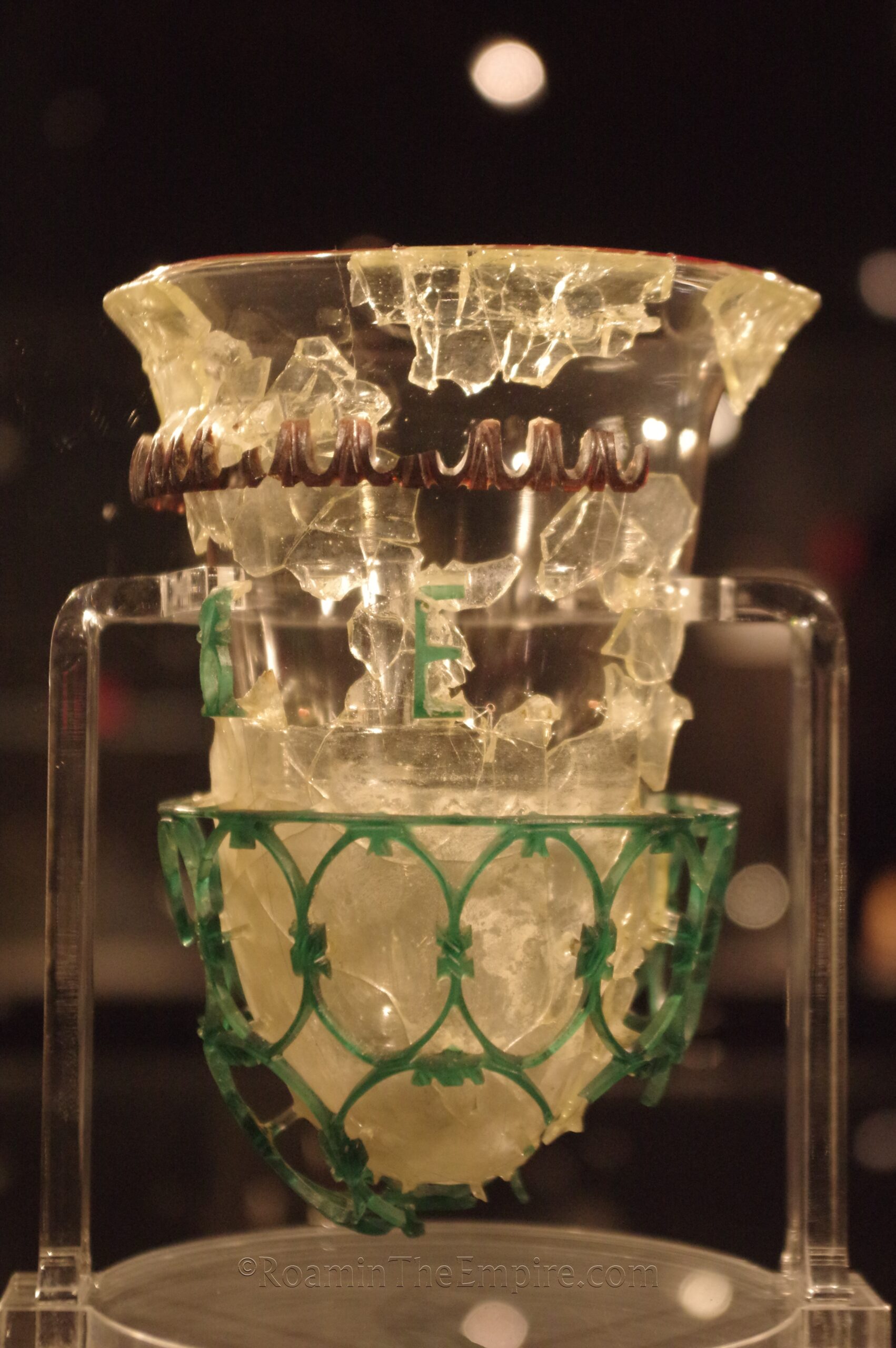 Cage cup. Dated to the 4th century CE. Found at Taranes. Archaeological Museum of the Republic of North Macedonia.
