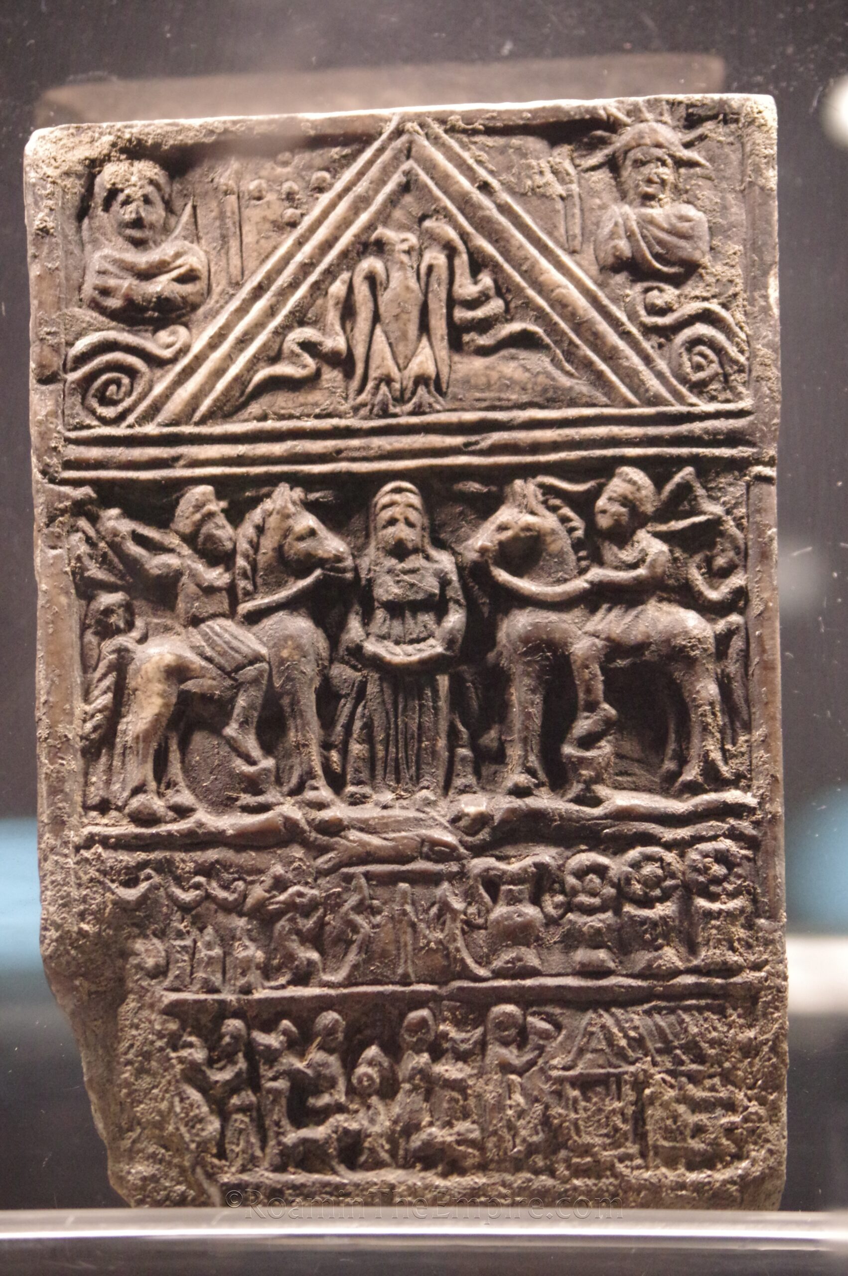 Lead votive dedicated to the Danubian Rider. From Štip. Dated to the 3rd century CE. Museum of the City of Skopje.