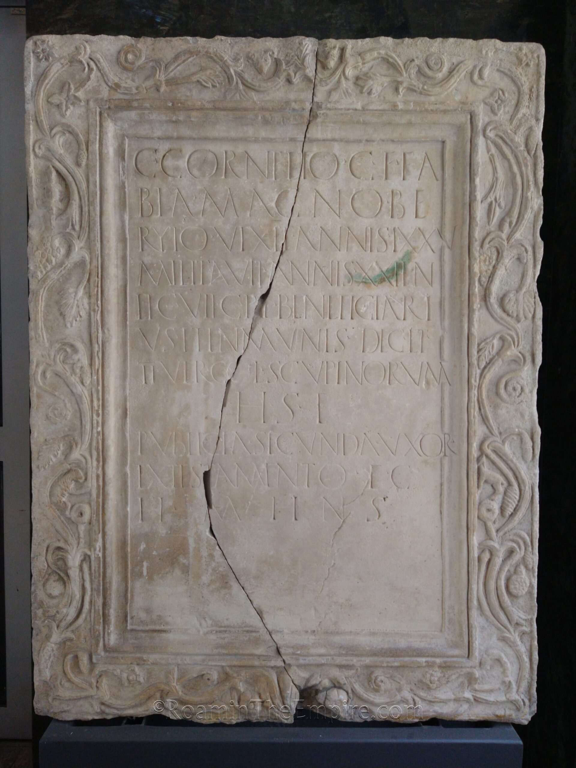 Funerary inscription for Gaius Cornelius Magnus from Berytus (modern Beirut) of the Favia tribe. He died at age 75 and served 21 years in Legio VII Claudia Pia Fidelis where he enjoyed beneficiarius and immunis. Magnus was also decurion and duumvir of Colonia Scupinorum. Dedicated by his wife, Publicia Secunda, according to his wishes. Dated to the late 1st or early 2nd century CE. Found in Skopje. Archaeological Museum of the Republic of North Macedonia.