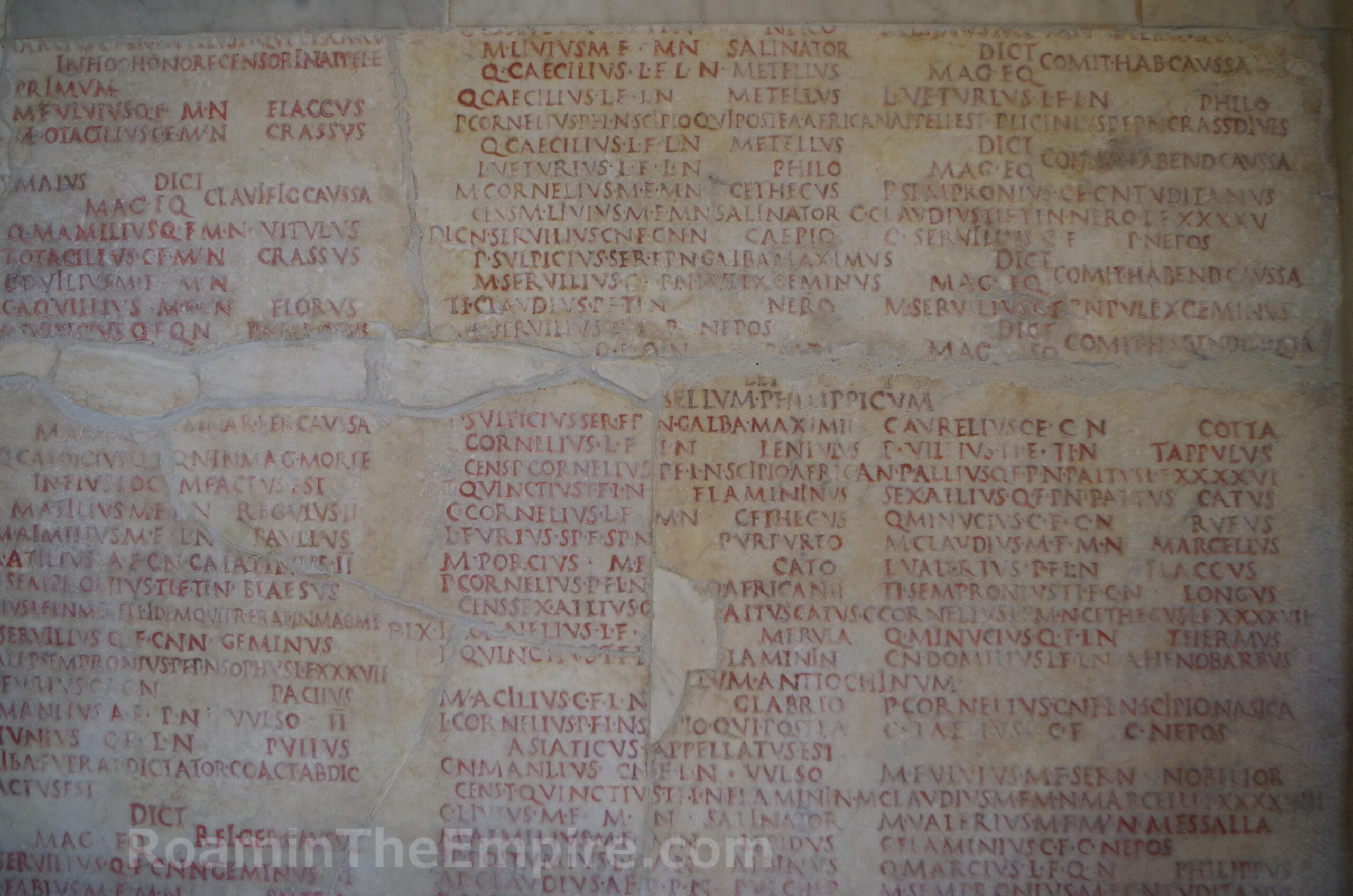 A section of the Fasti Capitolini, a list of the highest offices in the Republic and early empire primarily listing consuls, but also listing censor, dictator, triumvir, magister equitum, and tribunes with consular powers. The central column lists consuls in the late Second Punic War, including Publius Cornelius Scipio Africanus fourth from the top for his consulship in 205 BCE. From the Musei Capitolini.