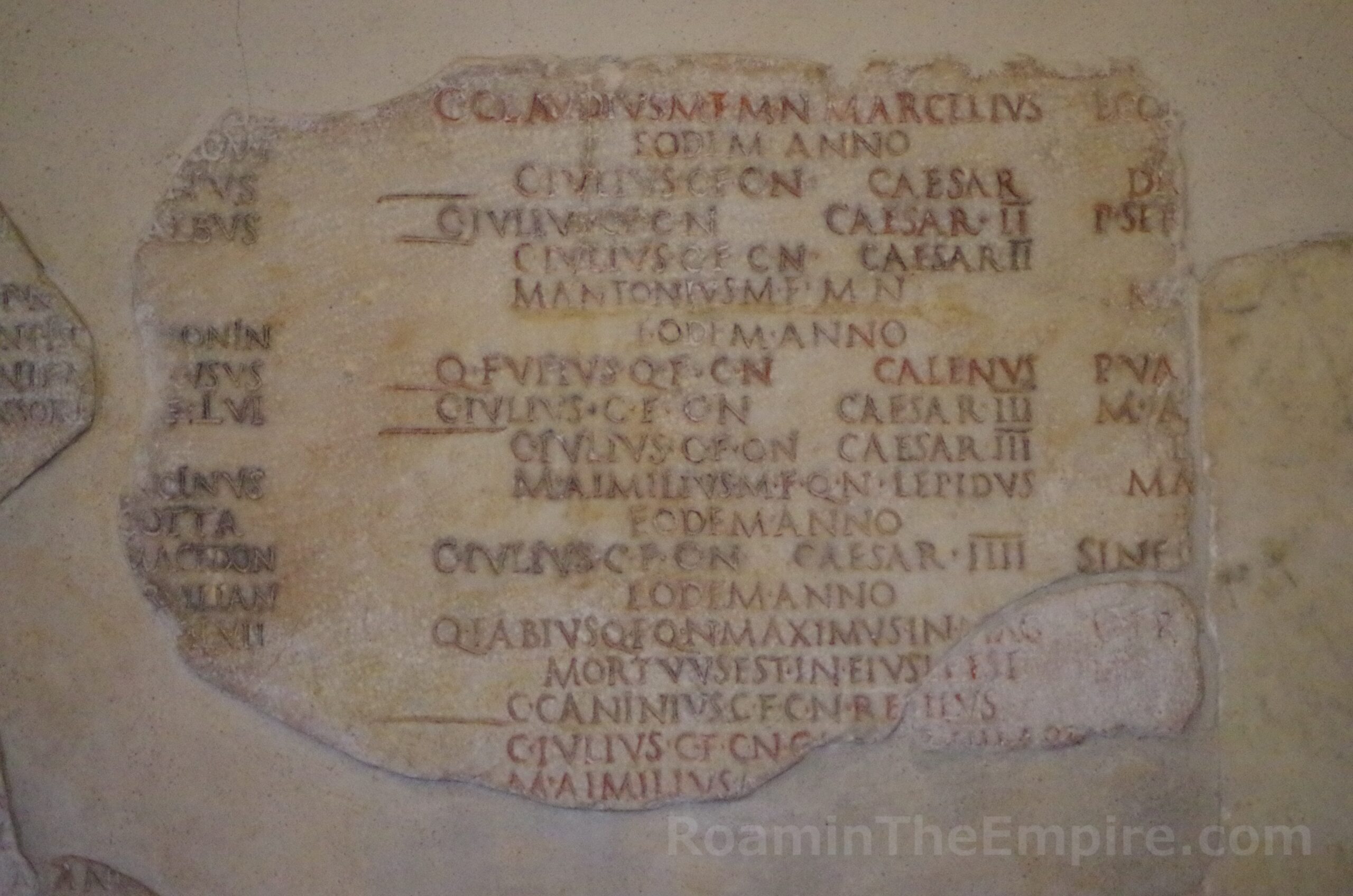 A section of the Fasti Capitolini showing offices from about 49 to 44 BCE, including three consulships of Julius Caesar. And a notation for the death of Quintus Fabius Maximus on his last day in office in 45 BCE (mortuus est on the third line from the bottom). Musei Capitolini.