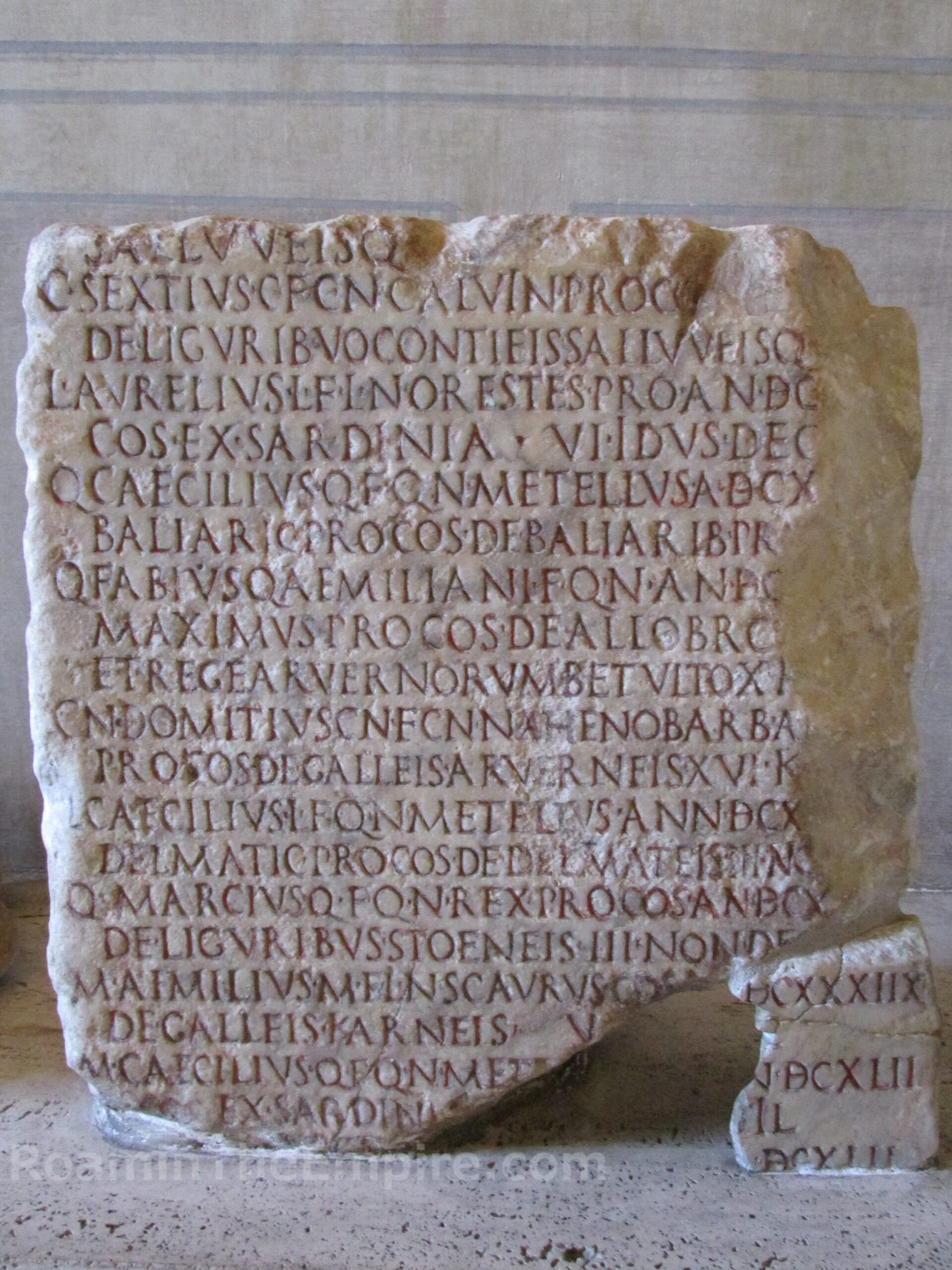 Fragment of a fasti triumphalis listing generals who were given a triumph between 126 BCE and 111 BCE. Several of the recipients have proconsulships (inscribed as PRO COS) attributed to them. Musei Capitolini.