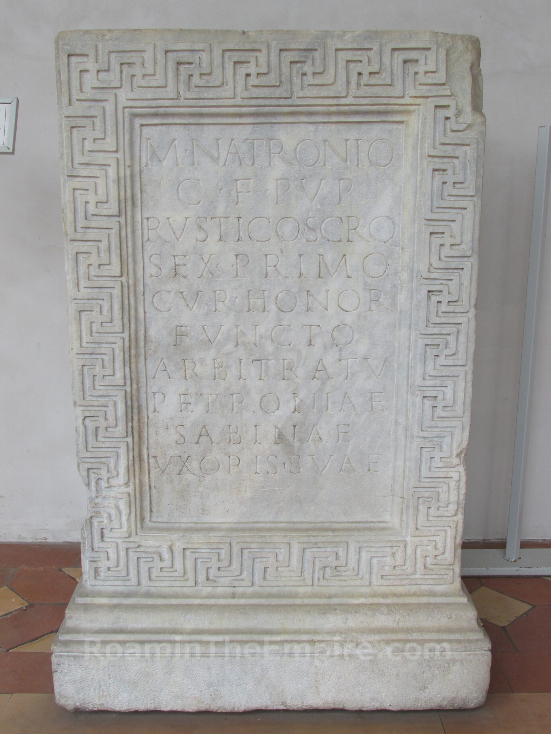 Funerary altar of Marcus Natronius Rusticus, who among other positions, was a scribe of the quaestors (as noted by the SCRQ at the end of the third line; scribae quaestorio). Placed by his wife Petronia Sabina. Dated to the 1st century CE. From Porta Capena, now in the Museo Nazionale Romano, Terme di Diocleziano. Quaestor.