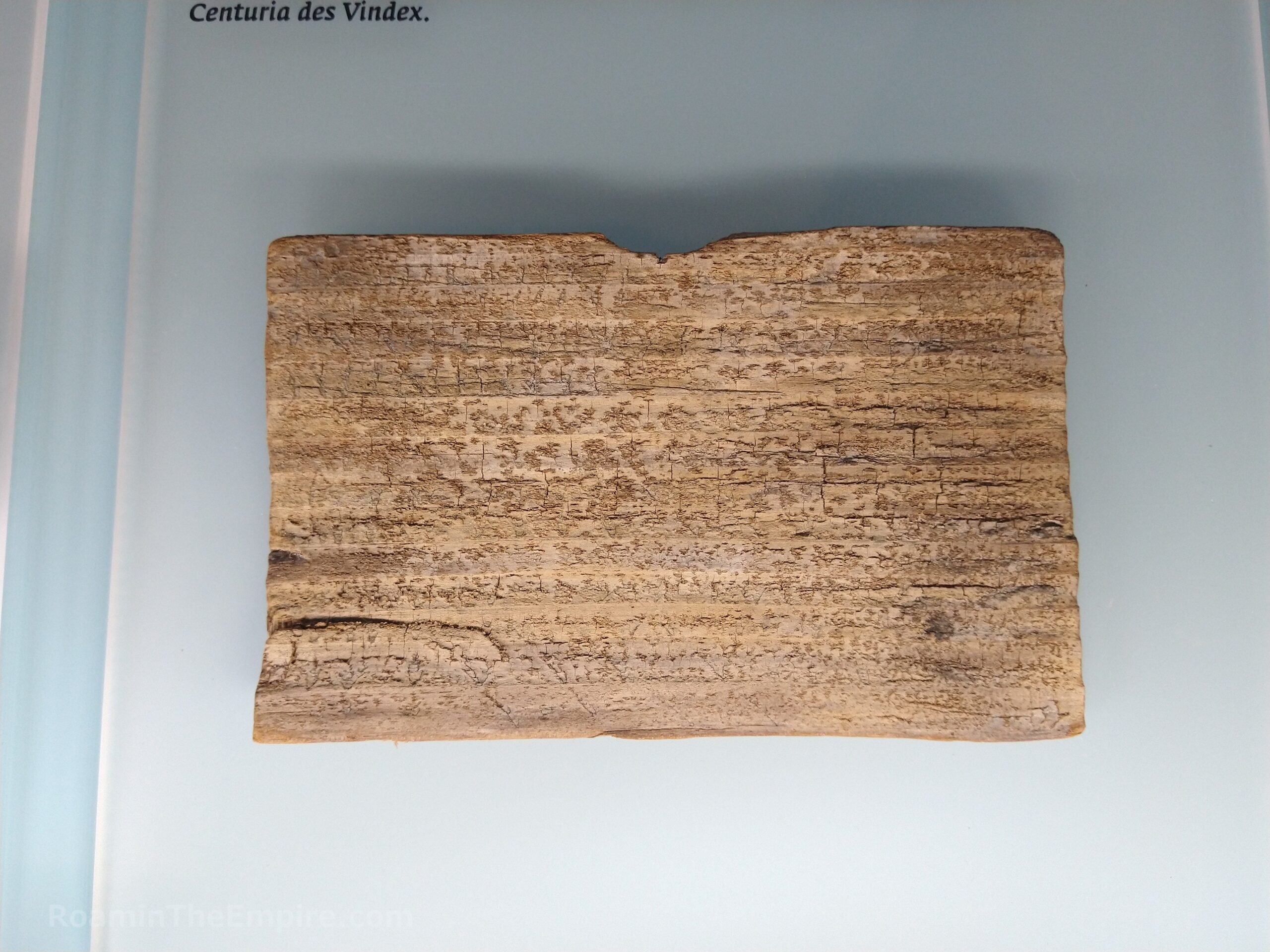 Wooden tablet with writing impressions with the name of Aninius Moderatus of Legio XXI Rapax, in the century of Vindex. Museum Vindonissa.