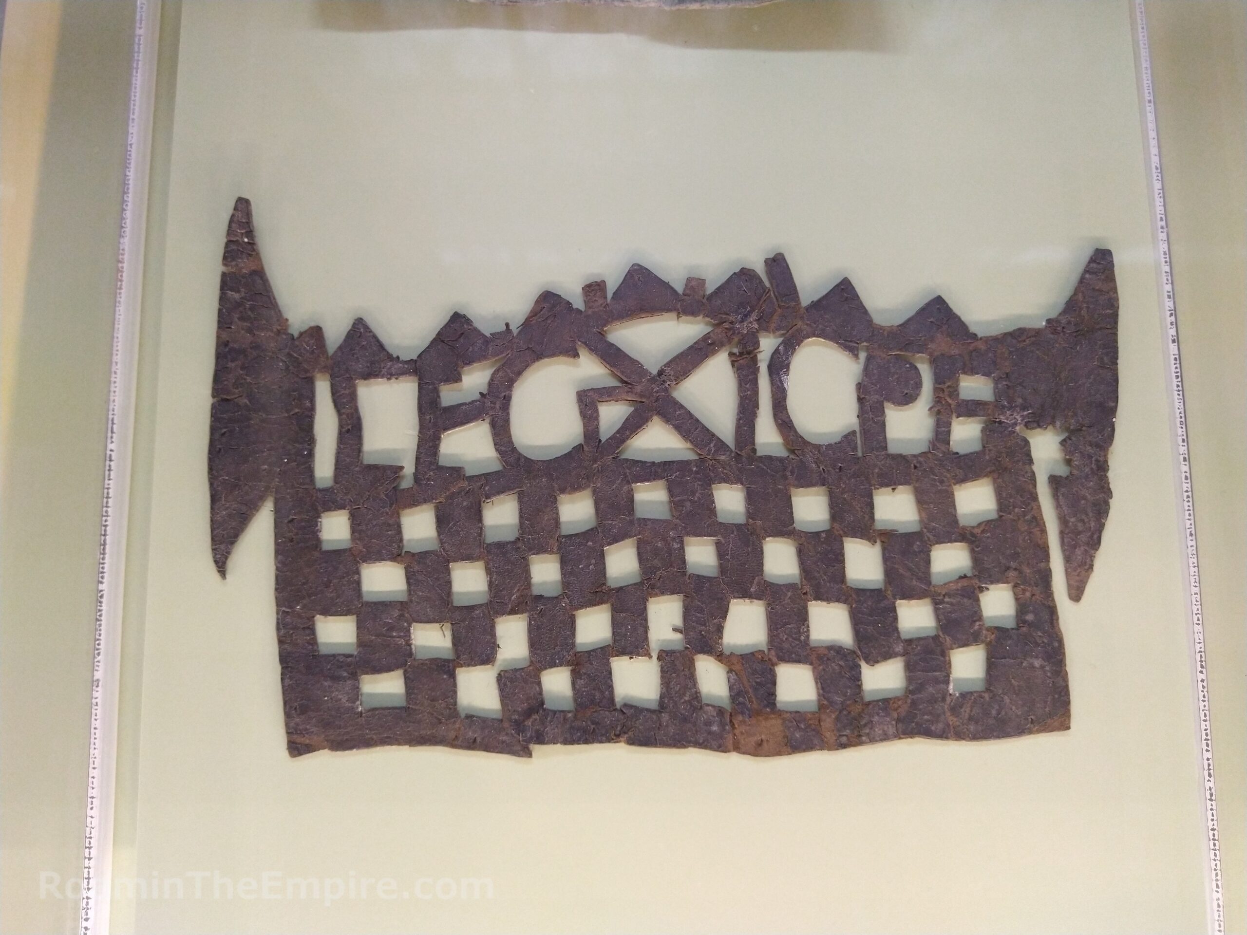 Leather shield cover with the markings of Legio XI Claudia Pia Fidelis. Museum Vindonissa.