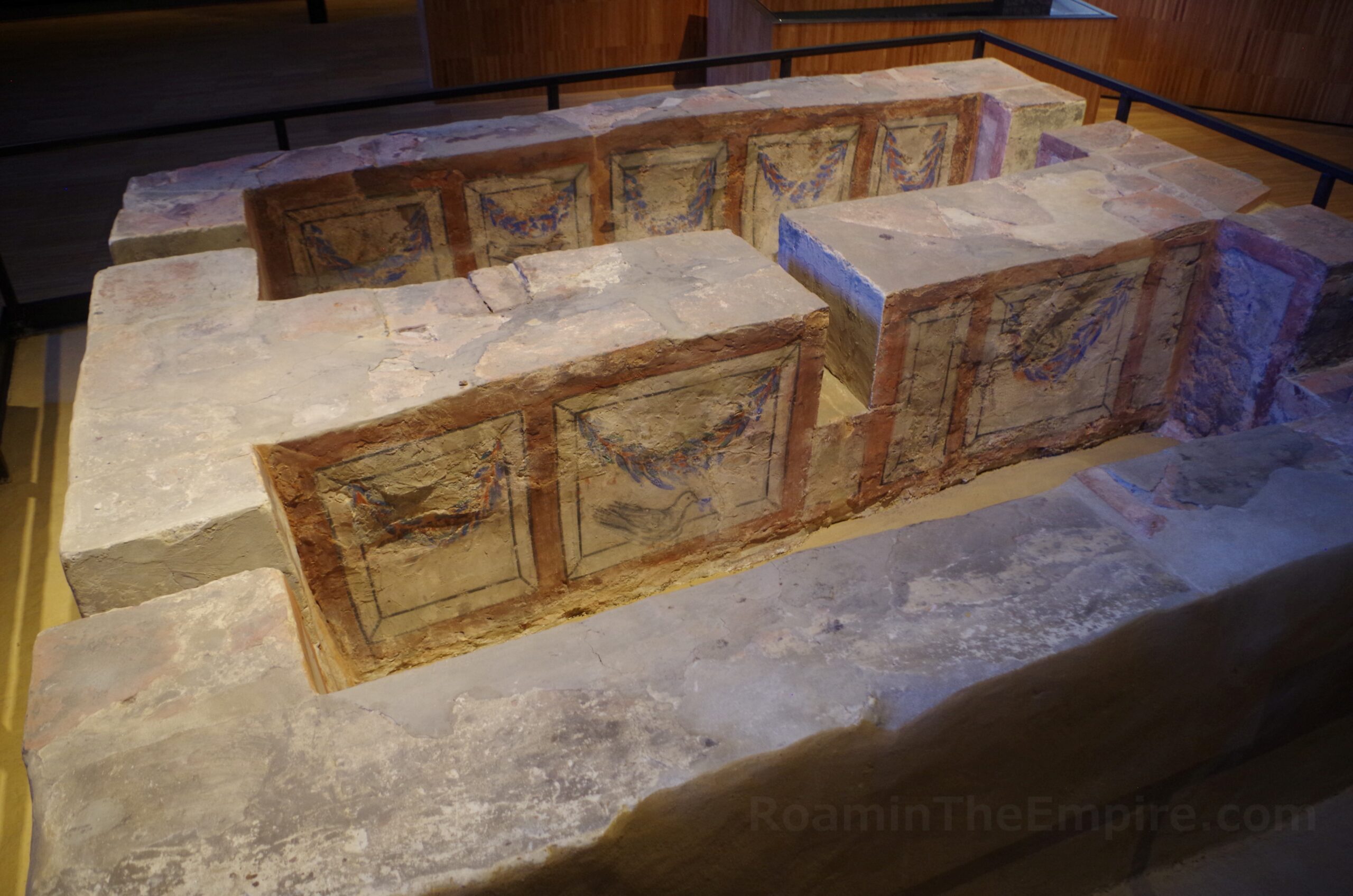 Painted double tomb dating to 300-350 CE. Found in the Koninksem neighborhood and now in the Gallo-Romeins Museum. Aduatuca Tungrorum.